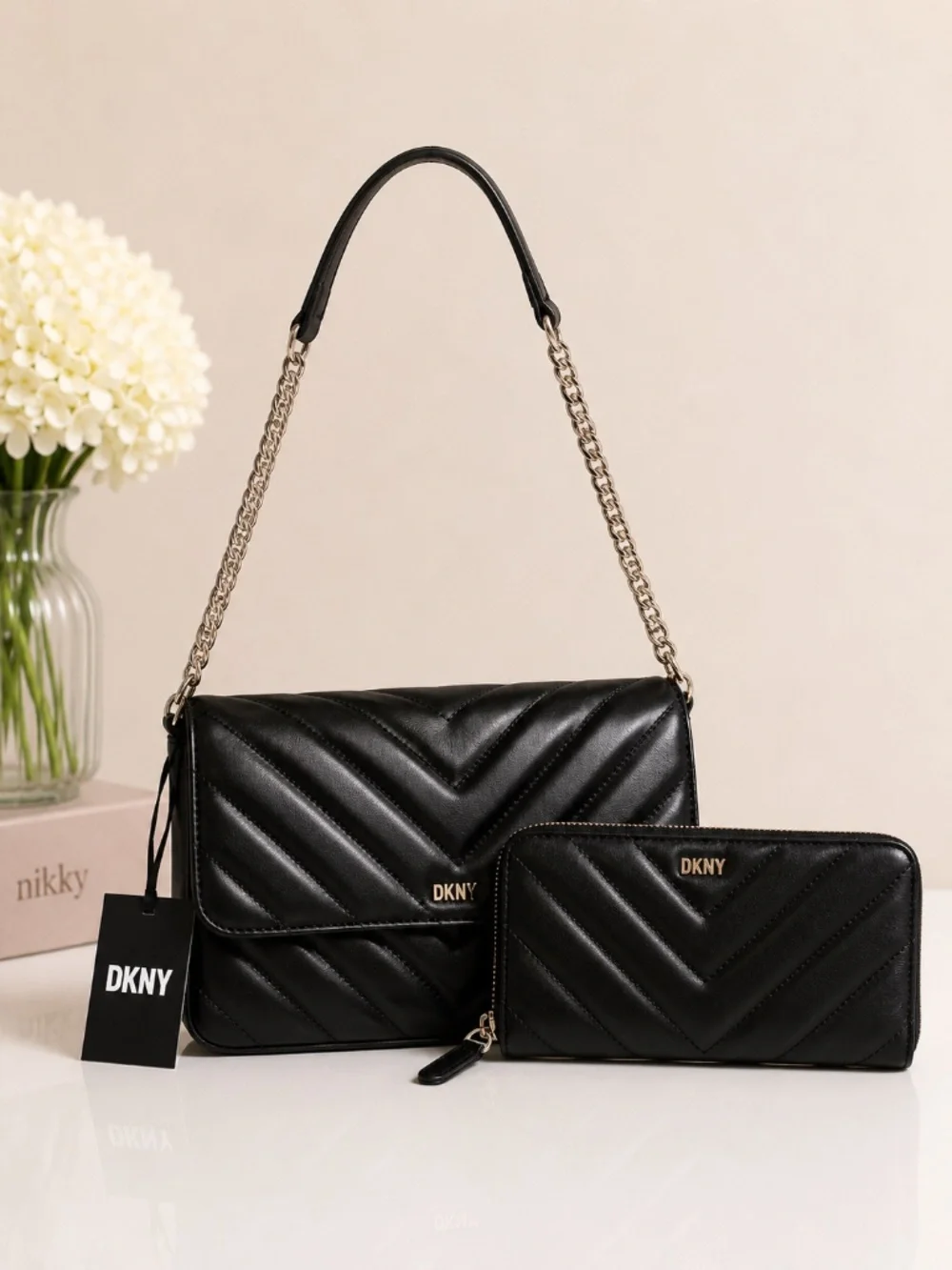 NWT DKNY Veronica Quilted Crossbody Shoulder Bag + Matching Wallet Set Black